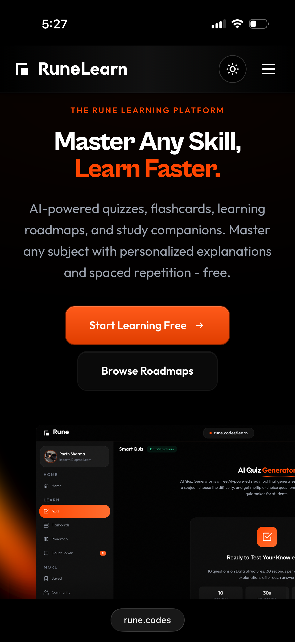 RuneLearn Mobile View 1